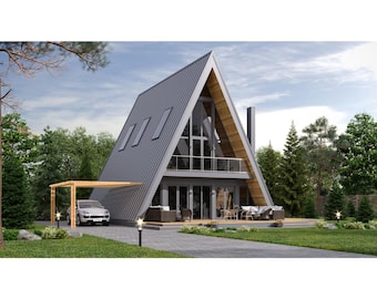 A-Frame Cabin 4 Bedrooms, 2 Bathrooms, 1758SF Living Area, Architecture Build Plans Blueprint 45’x57’