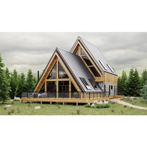 Può includere: Una baita a capanna dal design moderno. La casa presenta una struttura in legno, ampie vetrate e un tetto in metallo grigio. L'esterno comprende una facciata in pietra e un ponte in legno. La baita è circondata da alberi verdi ed erba.