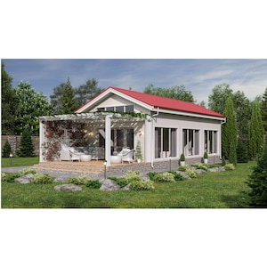Peut inclure: Une maison moderne de plain-pied avec un toit rouge et un bardage blanc. La maison dispose de grandes fenêtres et d'une véranda couverte avec des sièges. L'aménagement paysager comprend de l'herbe verte, des arbustes et des arbres.