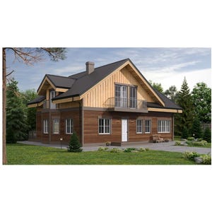 Puede incluir: Una casa de dos pisos con techo gris oscuro y revestimiento de madera marrón claro. La casa tiene varias ventanas, un balcón y una chimenea. La casa está rodeada de hierba verde y árboles.