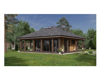 May include: A modern, single-story house with a dark gray roof and wooden exterior. The house features large glass windows and doors, a covered porch, and is surrounded by a green lawn and trees. Small lights illuminate the yard.