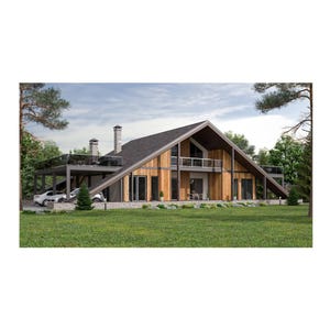 Puede incluir: Una casa moderna de dos pisos con un tejado inclinado y una cochera. El exterior presenta revestimiento de madera natural y grandes ventanas. La casa está rodeada de un césped verde y árboles, con un cielo nublado en el fondo.