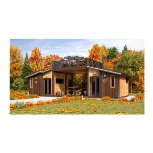 May include: A modern, two-story wooden cabin with a rooftop deck and a covered patio area. The cabin has large windows and doors, with a number 01 and 02 on the front. The surrounding landscape features colorful autumn trees and a grassy lawn.