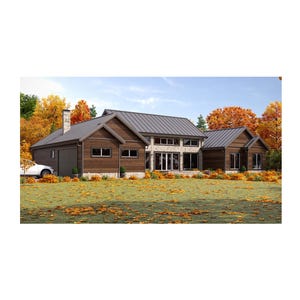 May include: A modern, single-story house with a gray metal roof, brown wood siding, and a stone facade. The house has large windows and a garage. The yard is covered in green grass and fallen autumn leaves.