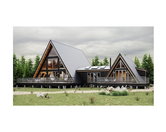 80'x60' A-Frame House Plan PDF | Double A-Frame Cabin Floor Plan | 4 Bedroom 3 Bath Home Design | 2-Story A-Frame w/ Porch, Attic, Office