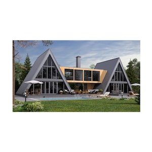 Puede incluir: Una moderna casa con forma de A con techo gris y grandes ventanales de cristal. La casa tiene un acento de madera y una piscina al frente. La casa está rodeada de césped verde y árboles.