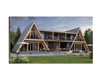 Peut inclure: Maison moderne de style A-frame avec un toit gris et des accents en bois. La maison dispose de grandes fenêtres, d'un balcon et d'une piscine dans le jardin. L'aménagement paysager comprend de l'herbe verte, des arbres et des meubles d'extérieur.