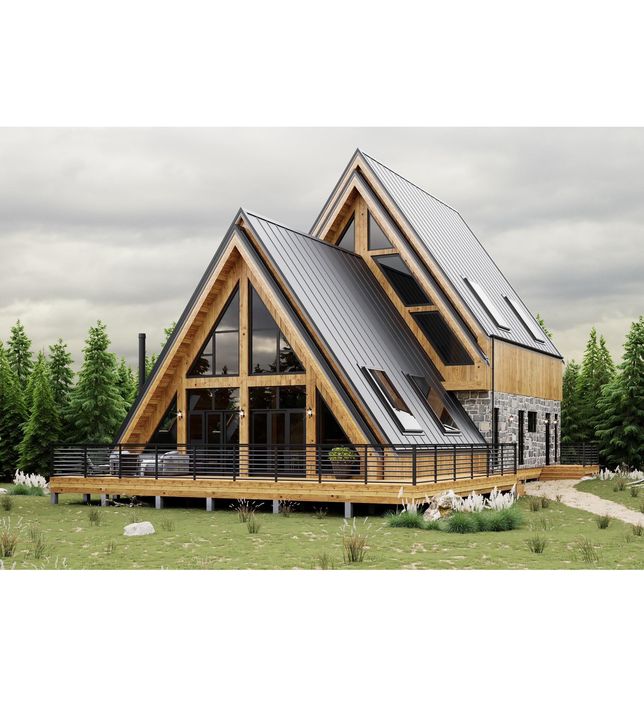 35'x65' 4 Beds, 4 Bath 2-Story Modern A-Frame Cabin House Architectural Plans, 2953 ft Living Area, PDF Plans in Imperial Units