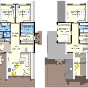 May include: Architectural floor plan with two levels, featuring bedrooms, bathrooms, a kitchen-dining area, living room, and a covered patio. The plan includes room dimensions in square feet, offering a detailed layout for potential buyers.