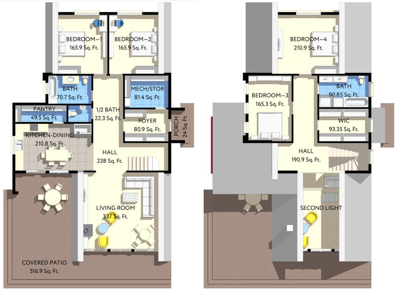 May include: Architectural floor plan with two levels, featuring bedrooms, bathrooms, a kitchen-dining area, living room, and a covered patio. The plan includes room dimensions in square feet, offering a detailed layout for potential buyers.
