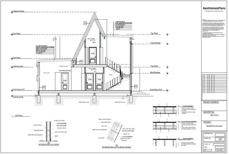 May include: Architectural blueprint of a residential building section, labeled "Section 2." The drawing shows a cross-section of a house with detailed measurements, including the roof, windows, and interior layout. Text includes "BestHomesPlans."