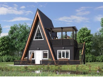 Modern A-Frame 2 Bedrooms, 2 Bathrooms Guest House Plans Architecture Plans 760SF of Living Area Blueprint 32’x35’