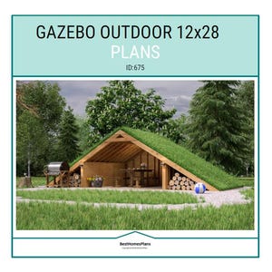 Cozy Backyard Outdoor Garden Double Lean Gazebo / Shade Pergola 12&#39;x28&#39;  Plans Blueprints, Structures DIY Woodworking Instructions
