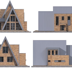 May include: Architectural renderings of modern houses. The designs feature a combination of wood and gray metal siding. One house has a distinctive A-frame roof, while others have flat roofs. Windows are strategically placed for natural light.