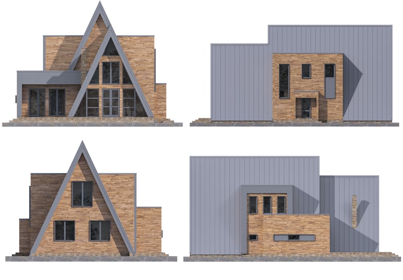 May include: Architectural renderings of modern houses. The designs feature a combination of wood and gray metal siding. One house has a distinctive A-frame roof, while others have flat roofs. Windows are strategically placed for natural light.