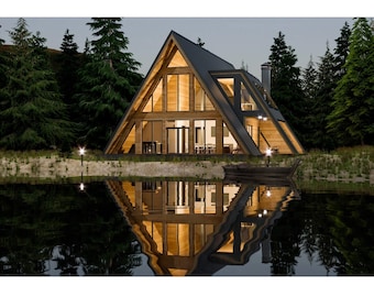 A-Frame Cabin 2 Bedrooms, 3 Bathroom Architecture Build Plans, 2415SF Living Area Blueprint 64’x50’