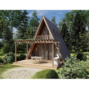A-Frame Cabin 2 Bedrooms, 1 Bathroom Architecture Build Plans 596SF Living Area Blueprint 22’x38’