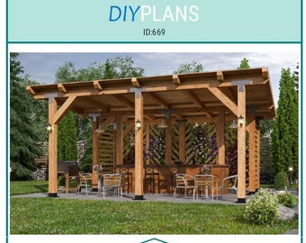 16’x20’ Backyard BAR Pavilion Pergola Shade Structure Plans – DIY Blueprints, Step-by-Step Woodworking Guide (58 Pages)