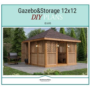 Puede incluir: Un cenador de madera con techo de tejas marrones y paneles decorativos de celosía. La imagen incluye el texto "Gazebo & Storage 12x12 DIY PLANS" e "ID:695". Una parrilla es visible a la izquierda del cenador.