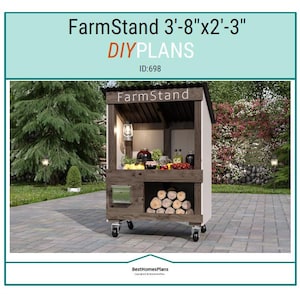 Puede incluir: Un puesto de granja de madera sobre ruedas, de 112 cm por 69 cm, con un letrero que dice "FarmStand". El puesto tiene un estante para exhibir productos, un área de almacenamiento para leña y un pequeño buzón verde. También se ve el texto "DIY PLANS".
