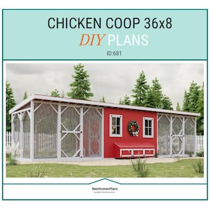 May include: A red and white chicken coop with the text "CHICKEN COOP 36x8 DIY PLANS". The coop has a red roof, white trim, and wire mesh sides. A Christmas wreath hangs on the wall. The coop is surrounded by trees.