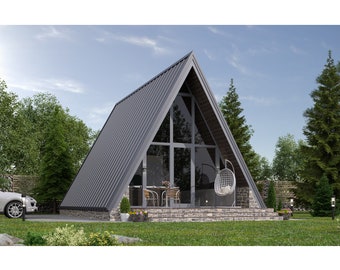 Modern A-Frame Cabin 1 Bedroom, 1 Bathroom Architecture Build Plans 865SF Living Area Blueprint 23’x41’