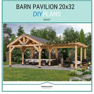 20&#39;x32&#39; Pole Barn Pavilion Plans, Garden Gazebo Blueprints, Backyard Shade Pergolas Structures DIY Woodworking Instructions