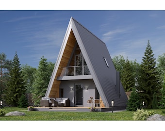 Small A-Frame Cabin 1 Bedroom, 1 Half Bathroom Architecture Build Plans 665SF Living Area Blueprint 23’x50’
