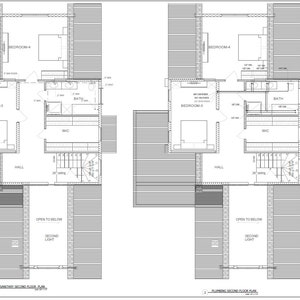 May include: Detailed architectural floor plan of a residential building's second floor, featuring bedrooms, bathrooms, and a staircase. The plan includes dimensions and labels for each room, with text that reads "Plumbing Second Floor Plan".