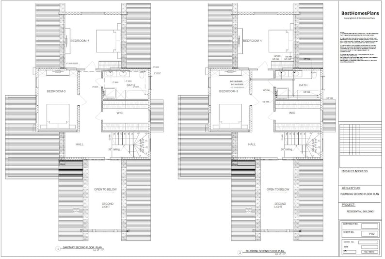 May include: Detailed architectural floor plan of a residential building's second floor, featuring bedrooms, bathrooms, and a staircase. The plan includes dimensions and labels for each room, with text that reads "Plumbing Second Floor Plan".