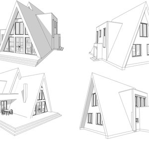 May include: Architectural line drawings of A-frame houses. The images show different perspectives of the houses, highlighting their triangular roofs and modern designs. The drawings are in black and white, emphasizing the structure's form.