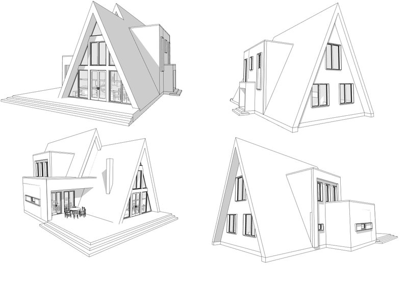 May include: Architectural line drawings of A-frame houses. The images show different perspectives of the houses, highlighting their triangular roofs and modern designs. The drawings are in black and white, emphasizing the structure's form.