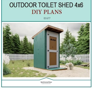 Puede incluir: Un cobertizo de inodoro exterior verde y blanco con una puerta de madera y una valla de madera blanca en el fondo. El cobertizo mide 4x6 pies y está etiquetado como "DIY Plans" e "ID: 677".