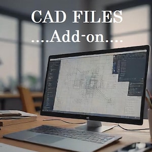 Könnte beinhalten: Ein Computermonitor zeigt eine CAD-Zeichnung auf einem Schreibtisch mit einem Laptop, einem Stapel Büchern und einem Stifthalter mit Buntstiften. Der Text auf dem Monitor lautet "CAD FILES...Add-on..."