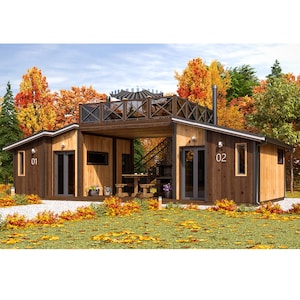 38’x18’ Double Tiny House, 2-Bed, 2-Bath, 327SF Living Area with Porch Terrace (40-Detailed Pages) Architecture Build Plans