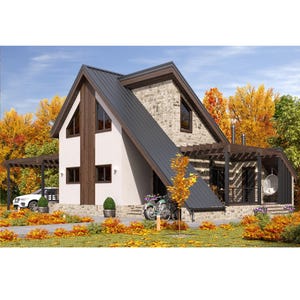 May include: A modern A-frame house with a white exterior, stone accents, and a dark gray roof. The house has large windows and a wooden trim. A motorcycle and a car are parked outside. The house is surrounded by trees with autumn foliage.