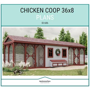May include: A detailed rendering of a chicken coop plan, labeled "CHICKEN COOP 36x8 PLANS" with ID:686. The coop features a red roof, white walls, and wire mesh sides. A small bench and two windows are visible, with a wreath on one. The coop is surrounded by a white picket fence and greenery.