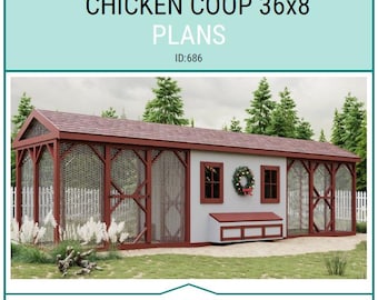 Piani per pollaio 36'x8' per 24-32 galline, PDF fai-da-te di pollaio con recinto e nidi, Unità imperiali