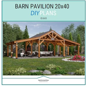 20&#39;x40&#39; Pole Barn Pavilion Plans with Double Lean, Garden Gazebo Blueprints, Backyard Shade Pergolas Structures DIY Woodworking Instructions