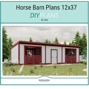 May include: A digital rendering of a horse barn plan, with the text "Horse Barn Plans 12x37" and "DIY PLANS". The barn is white with red trim, featuring stalls and a door. The barn is set in a grassy area with trees.