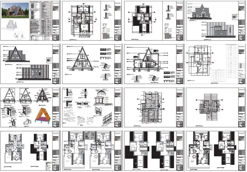 May include: Architectural blueprints and renderings of a modern A-frame house. The image includes detailed floor plans, elevation views, and a 3D model, all in black and white, showcasing the design and construction details.