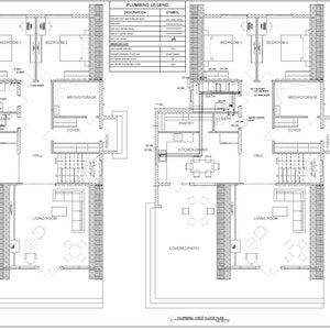 May include: Detailed architectural blueprint of a residential building's first floor, showcasing the plumbing layout. The plan includes rooms like bedrooms, kitchen, dining, living room, and covered patio, with a plumbing legend and BestHomesPlans copyright.