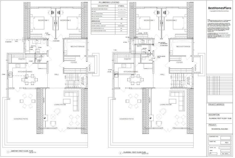May include: Detailed architectural blueprint of a residential building's first floor, showcasing the plumbing layout. The plan includes rooms like bedrooms, kitchen, dining, living room, and covered patio, with a plumbing legend and BestHomesPlans copyright.