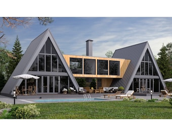 Double A-Frame, 6 Bedrooms, 4 Bathroom House Architecture Build Plans, 3159SF of Living Area Blueprint 86’x45’