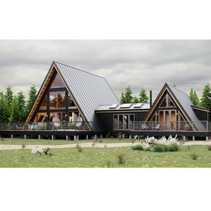 Plano de Casa A-Frame PDF 80'x60' | Doble A-Frame | 4 Dormitorios, 3 Baños | 2 Pisos con Porche, Ático, Oficina