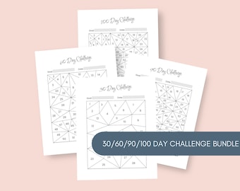 May include: Three printable black and white 30, 60, and 100 day challenge trackers. Each tracker features a geometric design with numbered sections to fill in as you complete your challenge.