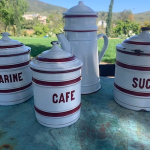 Set of 4 French Enamelware Canisters and Coffee Pot