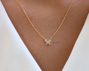 Dainty 18k Gold Plated Gemmed Butterfly Necklace • Minimalist Layering Necklace • Also Available in Silver and Rose Gold • Gift for Her
