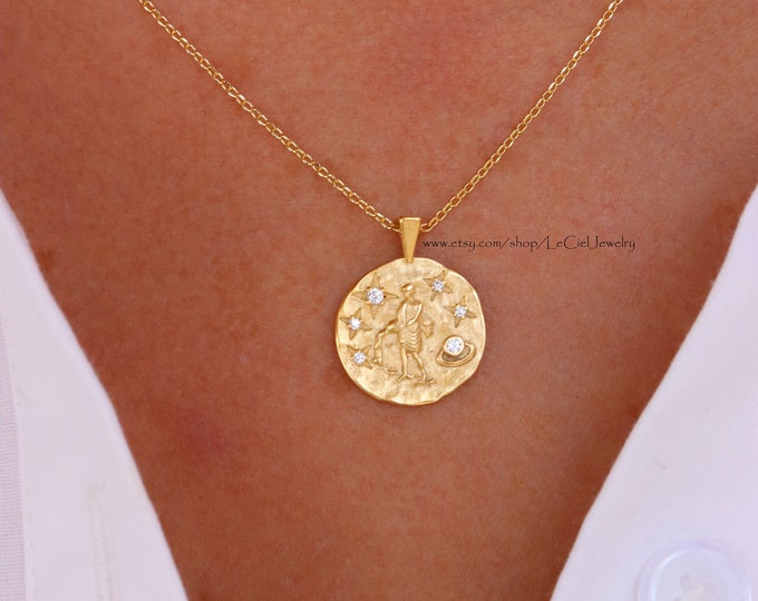 Aquarius Zodiac Necklace • 18K Gold Dipped Coin Cubic Zirconia Pave Aquarius Necklace • Astrology Jewelry • Gift For Her • Birthday Gift