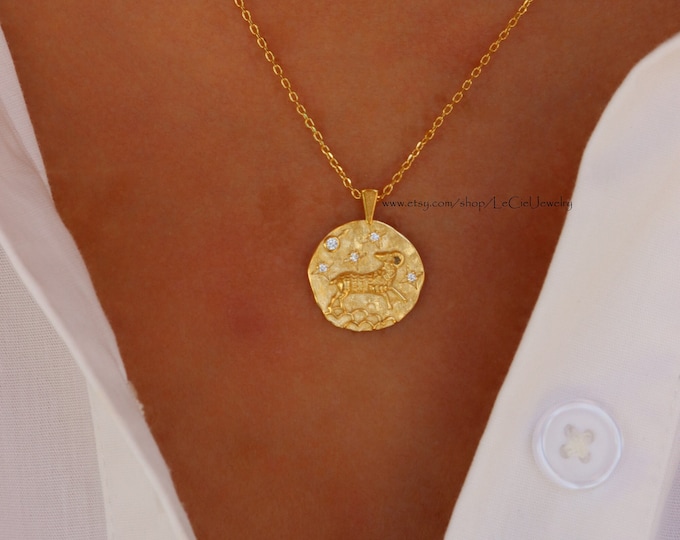 Aries Zodiac Necklace • 18K Gold Dipped Coin Cubic Zirconia Pave Aries Necklace • Astrology Jewelry • Gift For Her • Birthday Gift